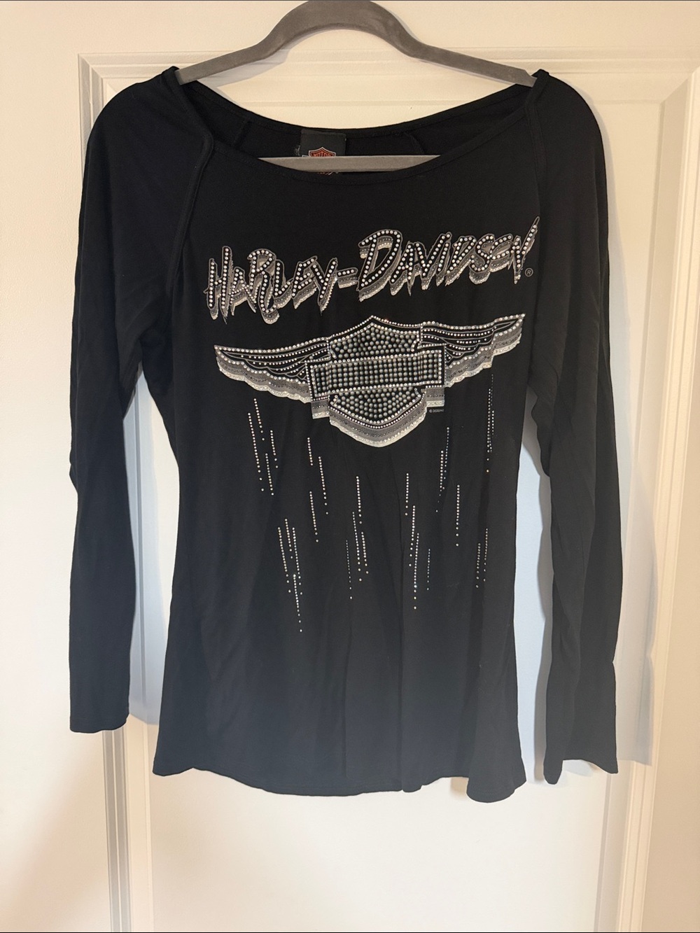 Harley-Davidson Black Tee with Silver Rhinestone Wing Logo